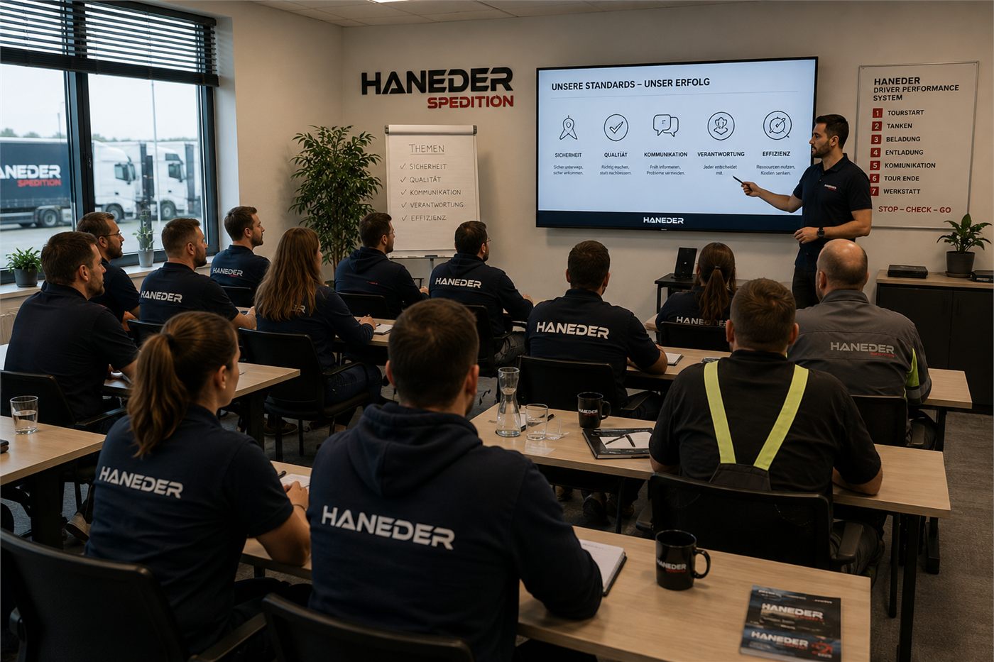 Fahrerschulung im Schulungsraum: das Team vor der Präsentation zu Sicherheit, Qualität und Kommunikation
