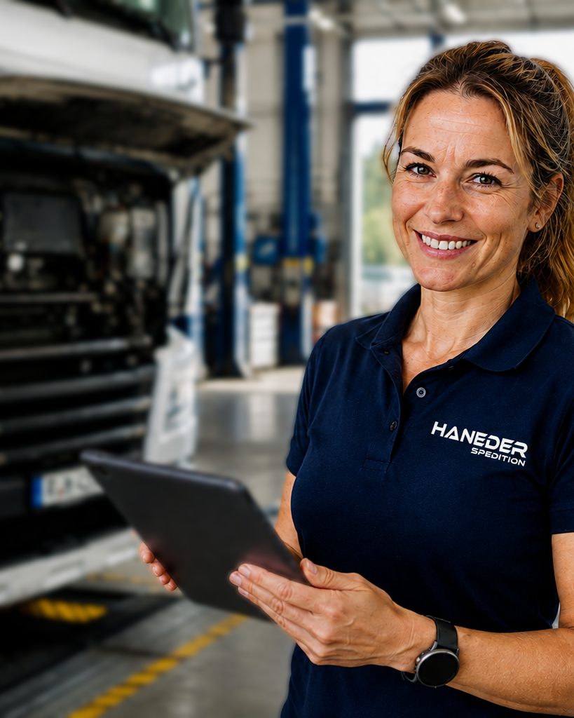 Katrin in der Werkstatt vor einem Fahrzeug mit offener Haube
