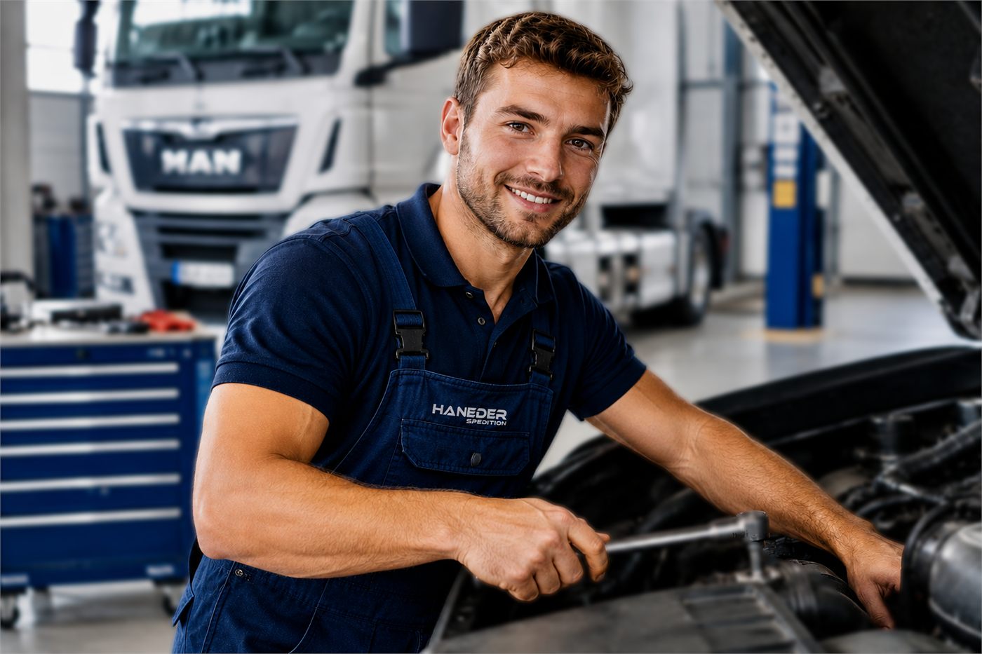 Mechaniker am Motor eines Lastwagens