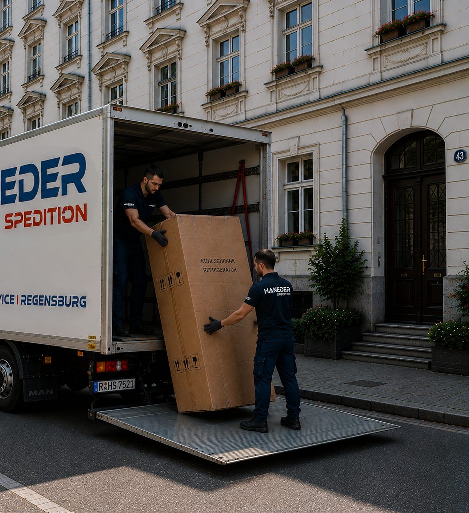 Zwei Monteure tragen die Küche vom Fahrzeug ins Haus